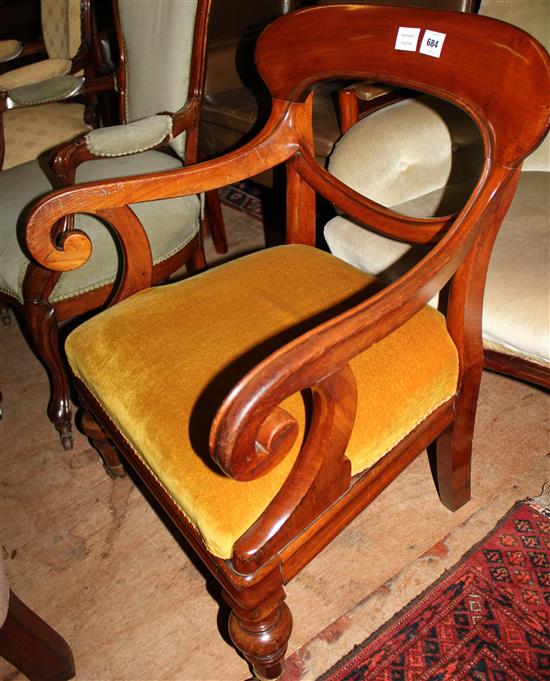 Victorian mahogany scroll armchair (reduced in height)(-)
